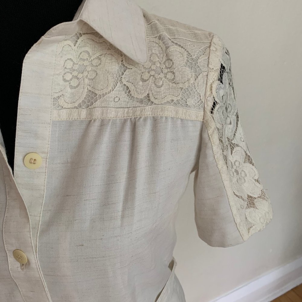 Vintage 70s linen and lace day dress sz S - Picture 3 of 6